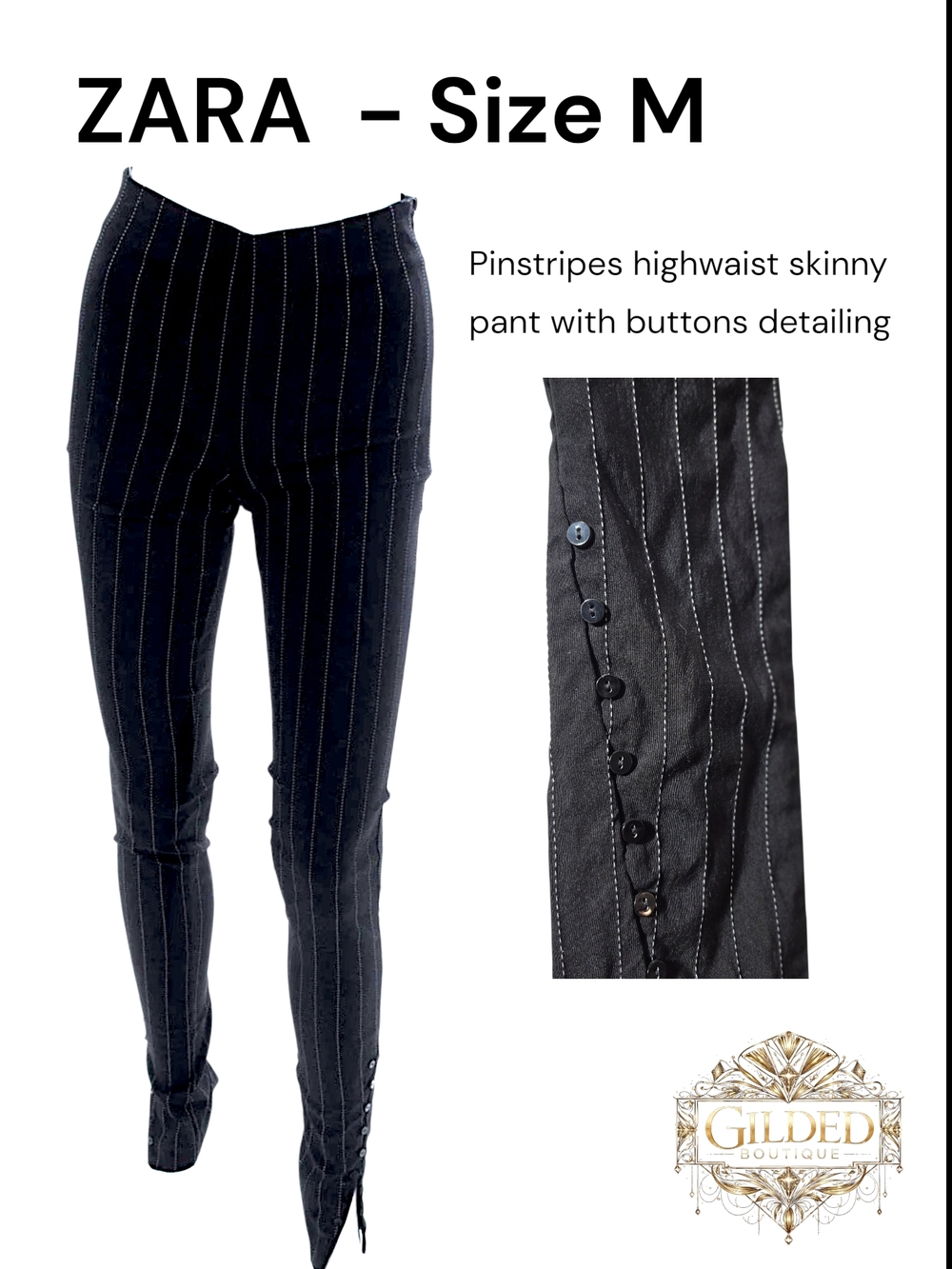 Zara Black Pinstripe High-Waist Skinny Pants with Button Trim